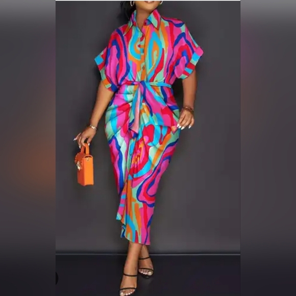 Anstract Print Button Down Dress Plus Size - Picture 1 of 6